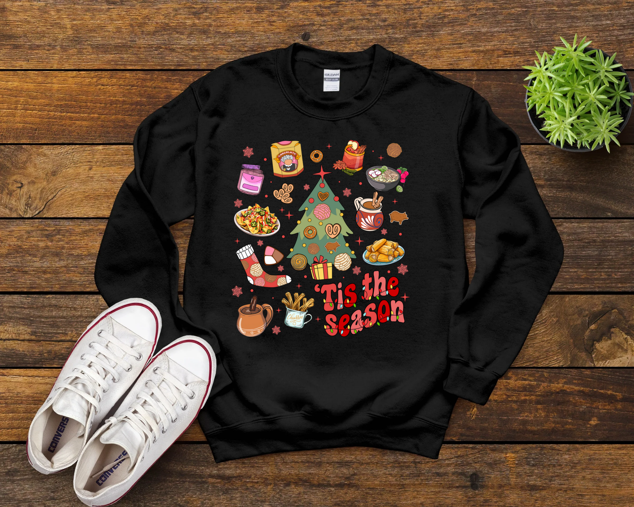 Tis the Season Christmas Tree and Mexican Food Sweatshirt, Xmas Pan Dulce T-shirt, Xmas Tamale Shirt, Christmas Abuelita Tee